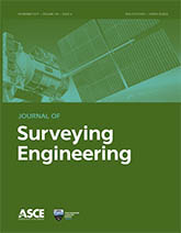 Journal of Surveying Engineering cover with an image of a satellite orbiting the earth on a green background. The journal title, ASCE logo, and Structural Engineering Institute logo are displayed as well.